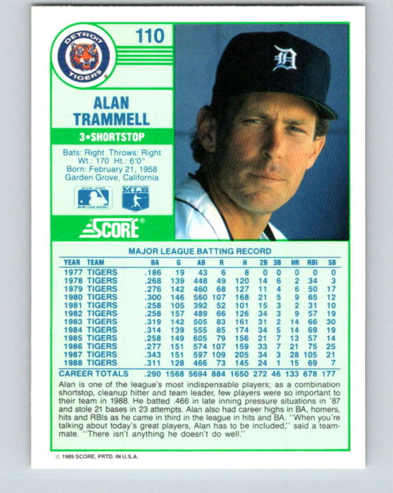 1989 Score #110 Alan Trammell Mint Detroit Tigers