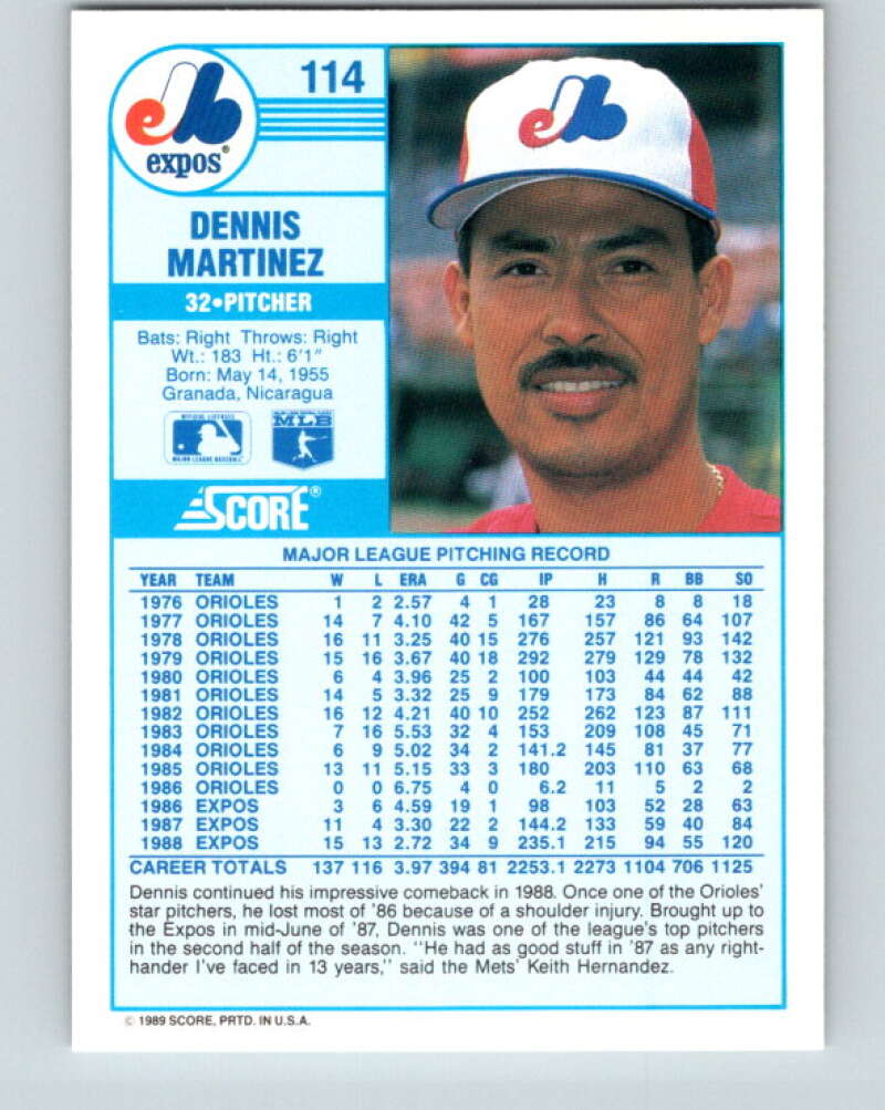 1989 Score #114 Dennis Martinez Mint Montreal Expos