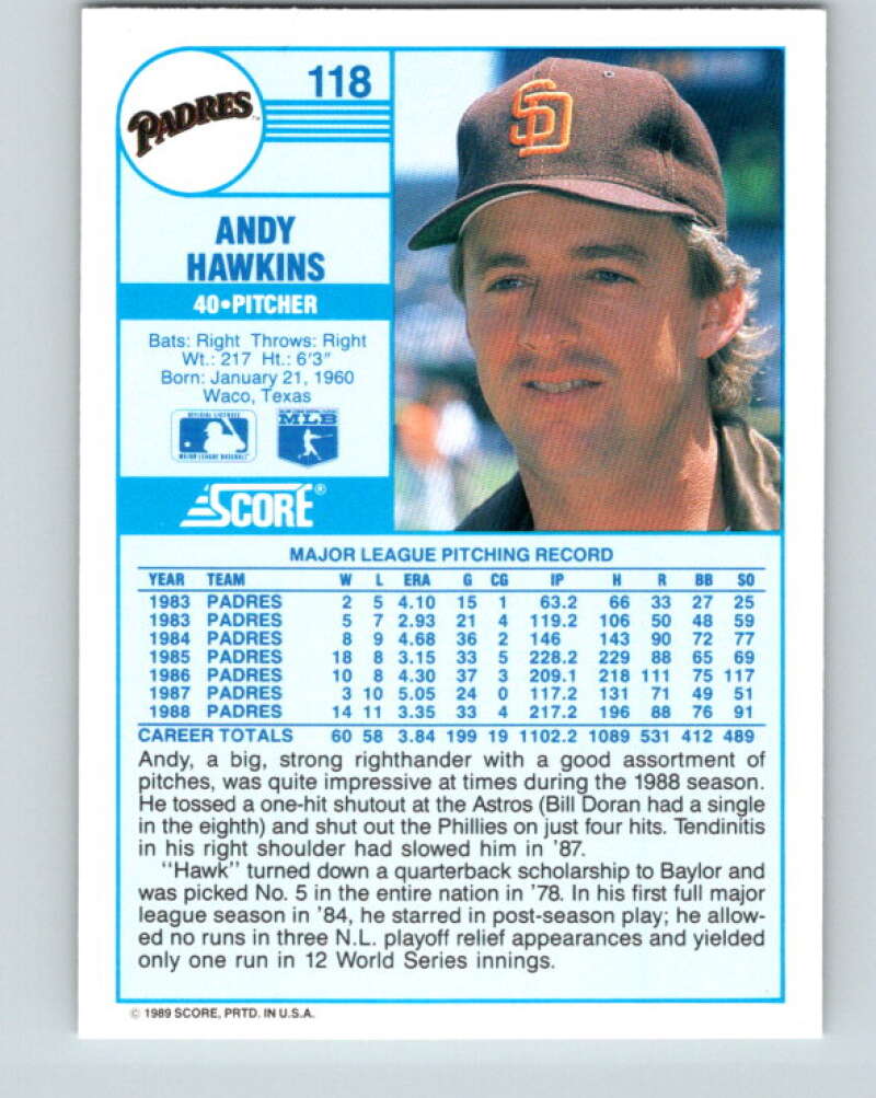 1989 Score #118 Andy Hawkins Mint San Diego Padres