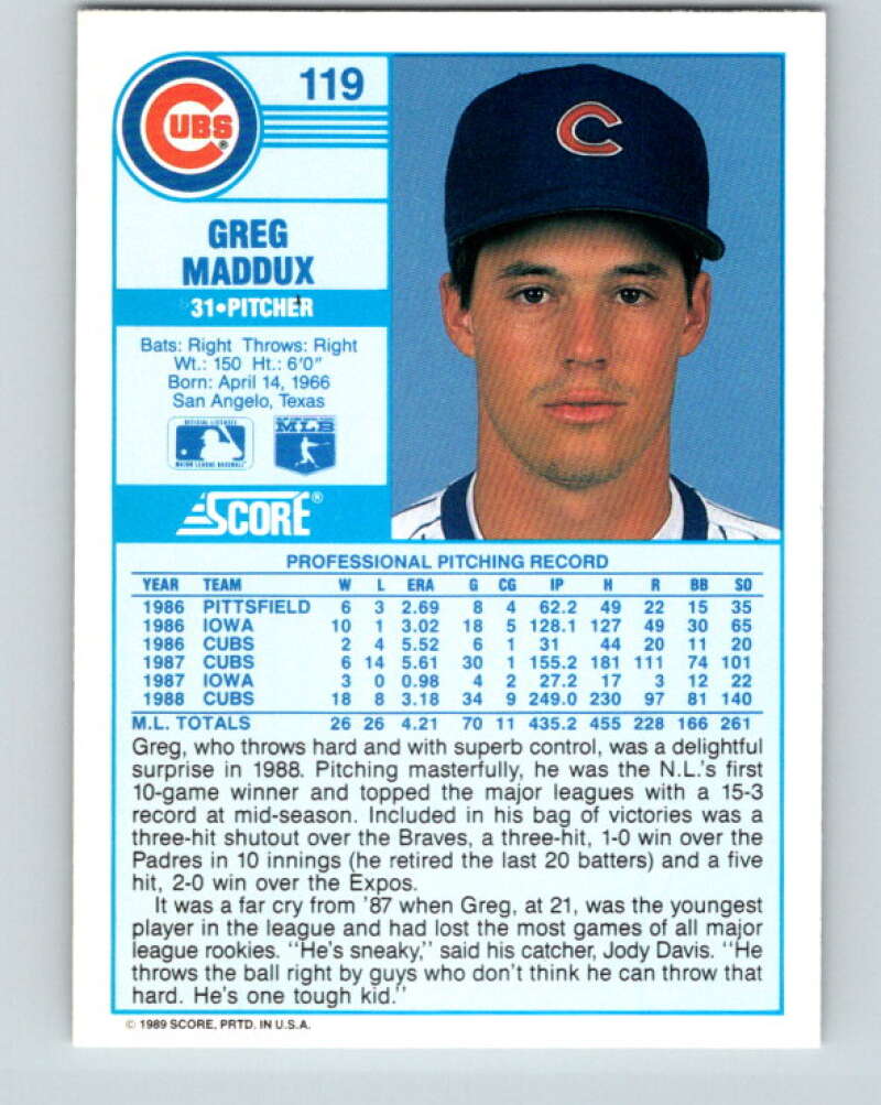 1989 Score #119 Greg Maddux Mint Chicago Cubs