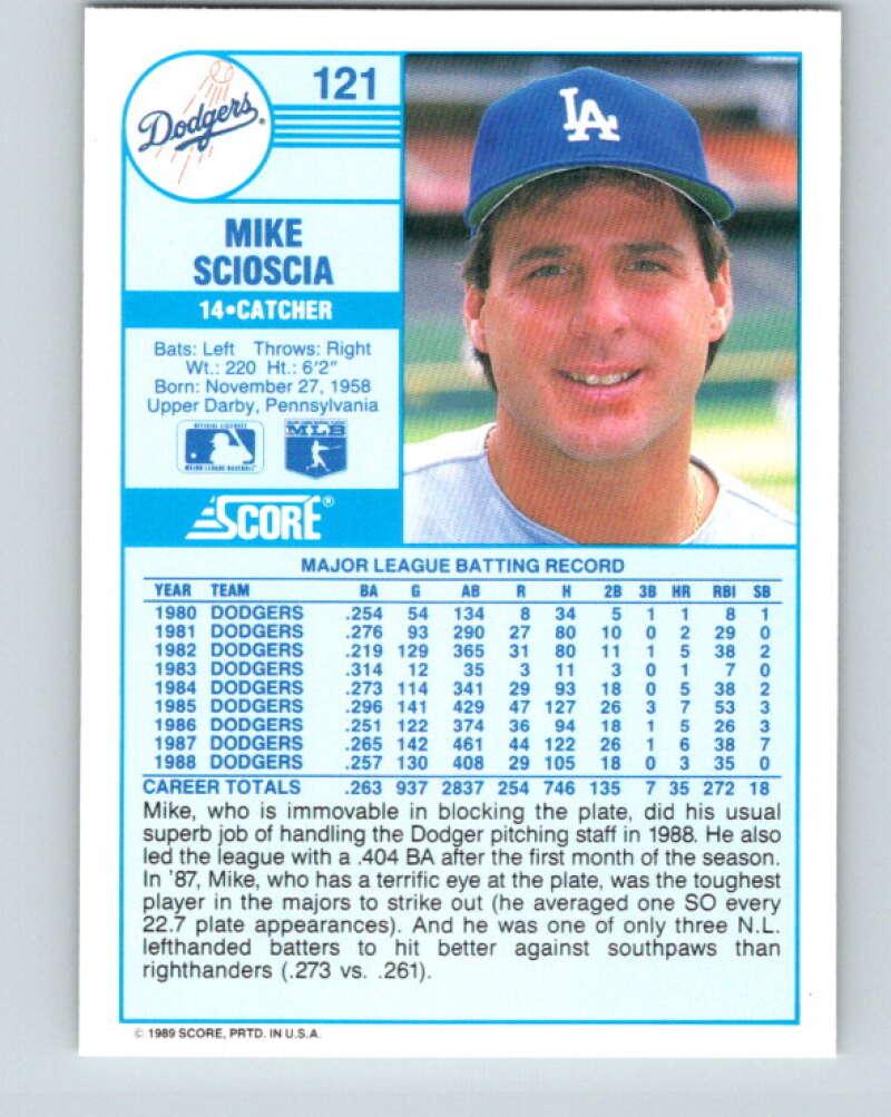 1989 Score #121 Mike Scioscia Mint Los Angeles Dodgers