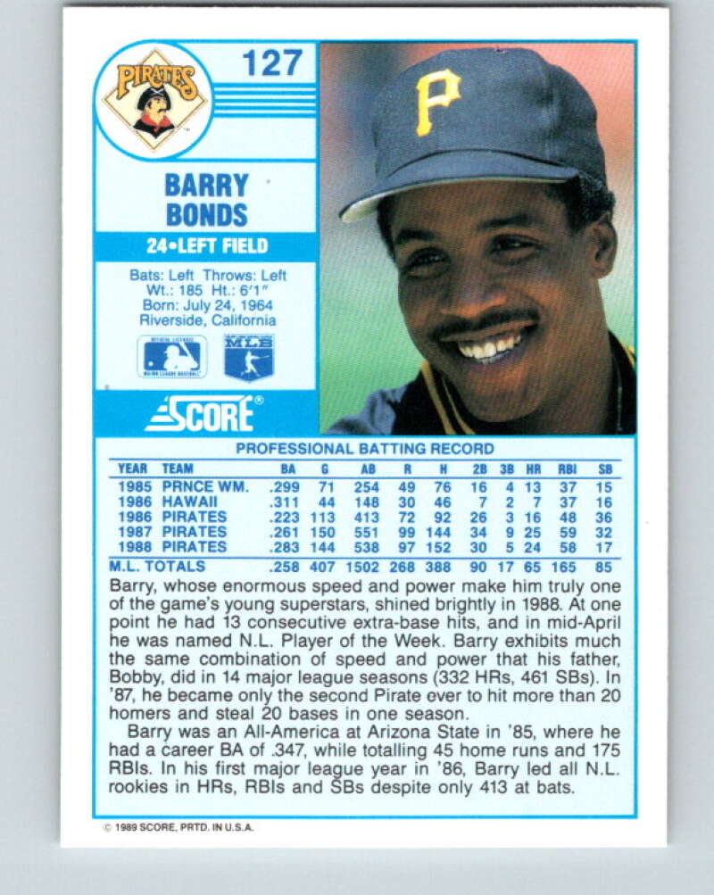 1989 Score #127 Barry Bonds Mint Pittsburgh Pirates