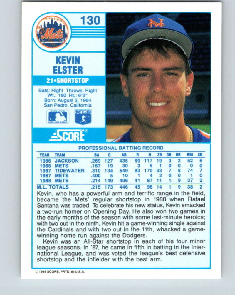 1989 Score #130 Kevin Elster Mint New York Mets
