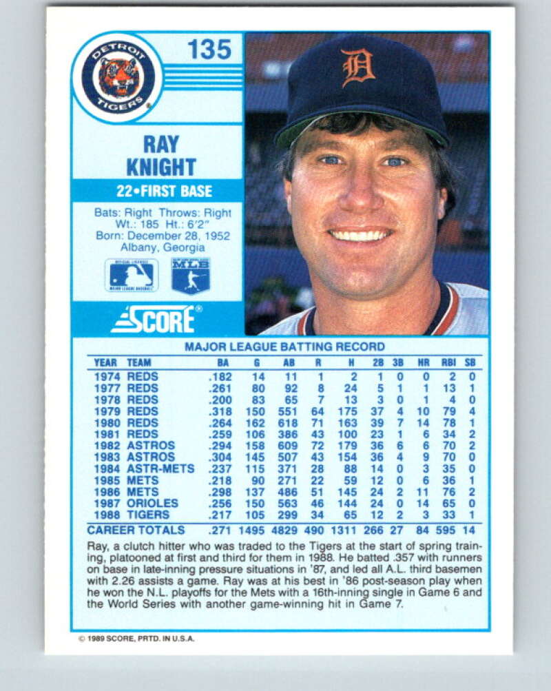 1989 Score #135 Ray Knight ERR Mint Detroit Tigers