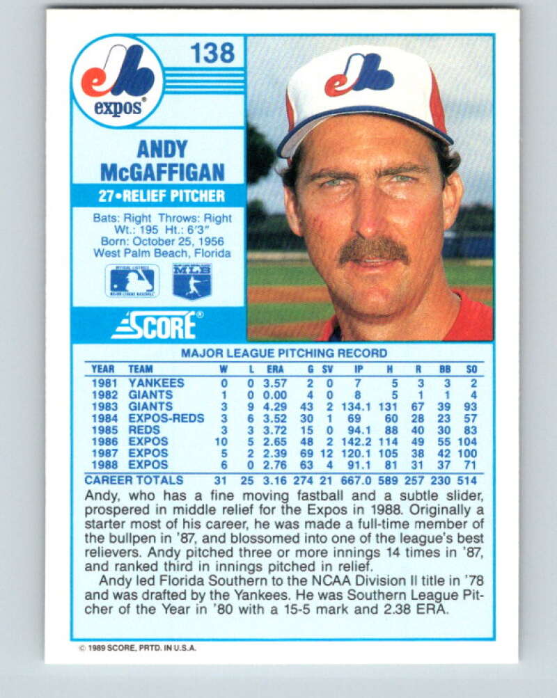 1989 Score #138 Andy McGaffigan Mint Montreal Expos