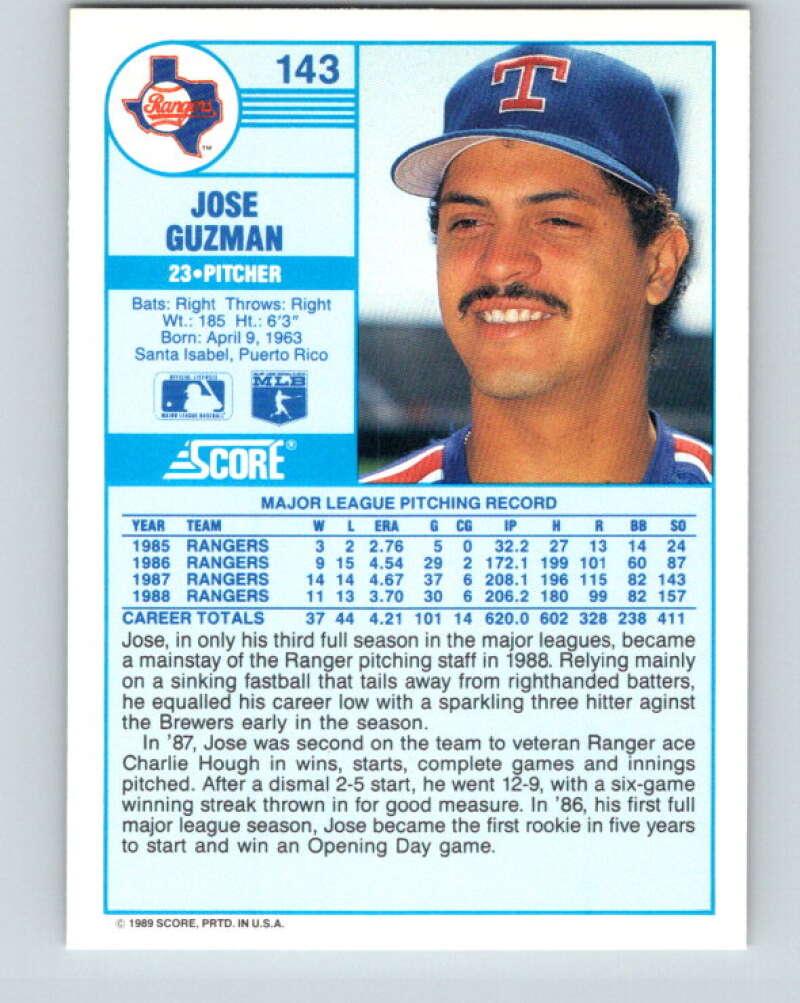1989 Score #143 Jose Guzman Mint Texas Rangers