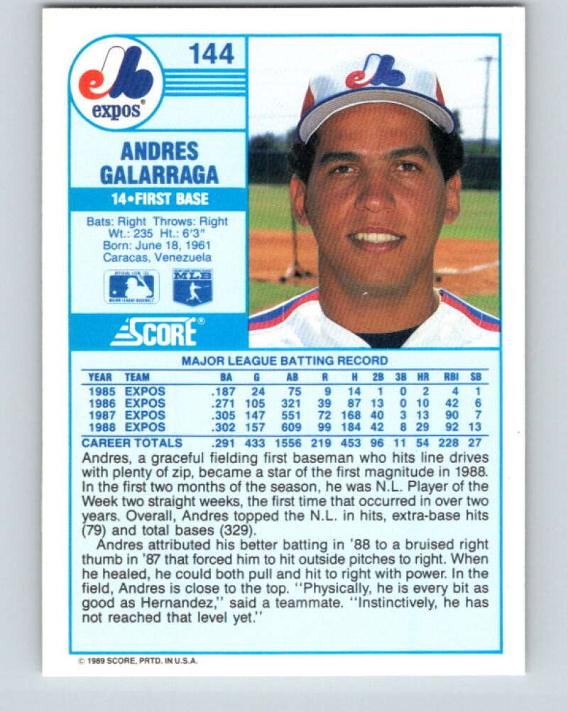 1989 Score #144 Andres Galarraga Mint Montreal Expos