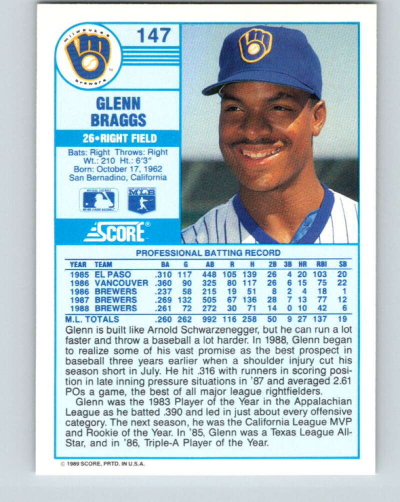 1989 Score #147 Glenn Braggs Mint Milwaukee Brewers