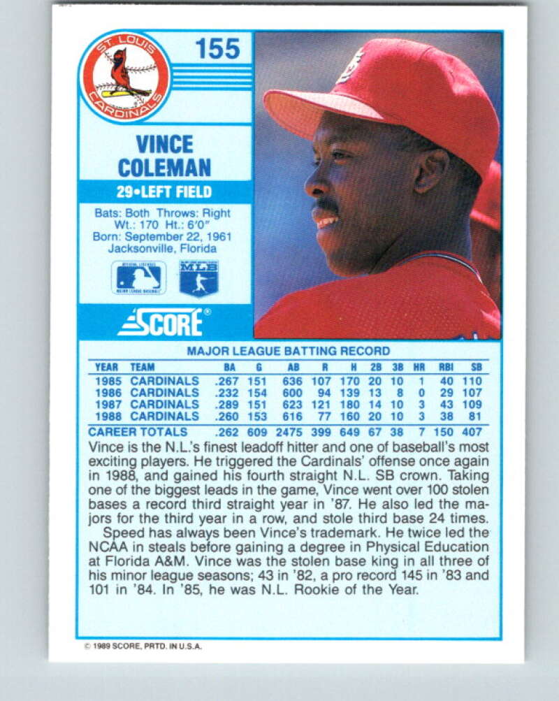 1989 Score #155 Vince Coleman Mint St. Louis Cardinals
