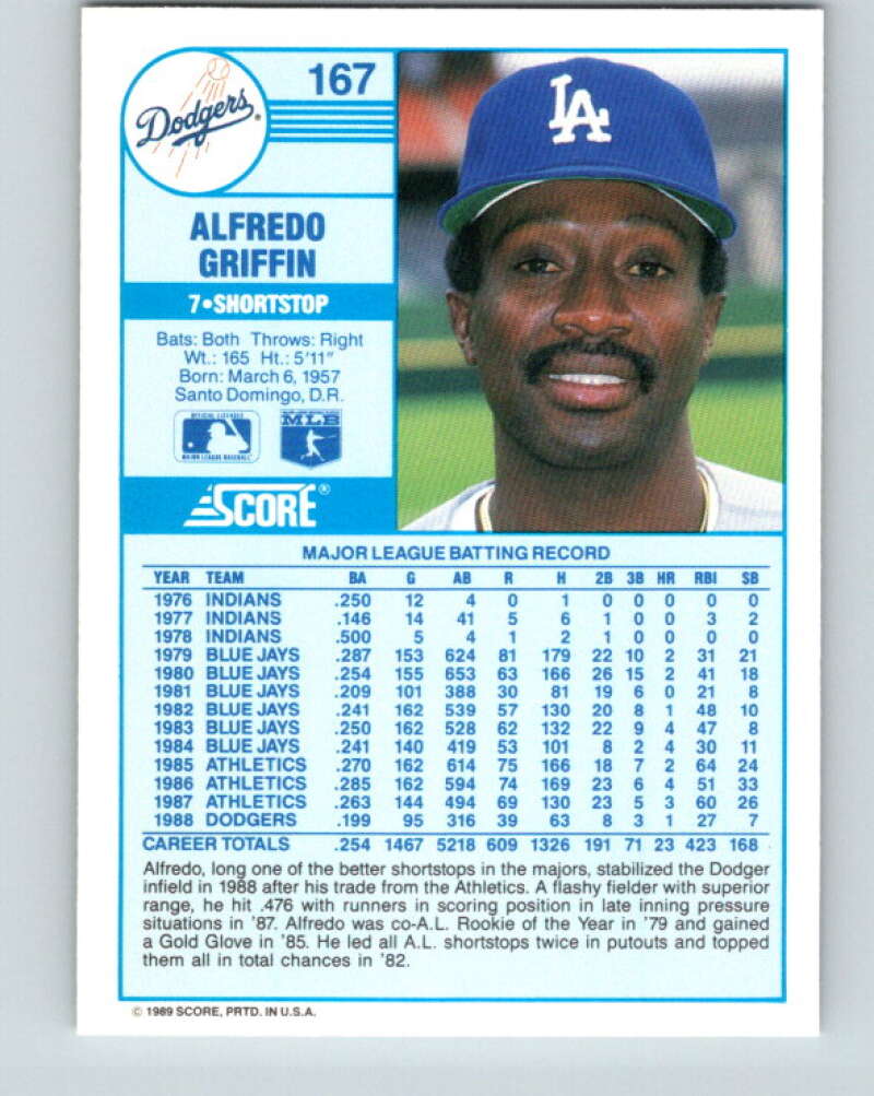 1989 Score #167 Alfredo Griffin Mint Los Angeles Dodgers