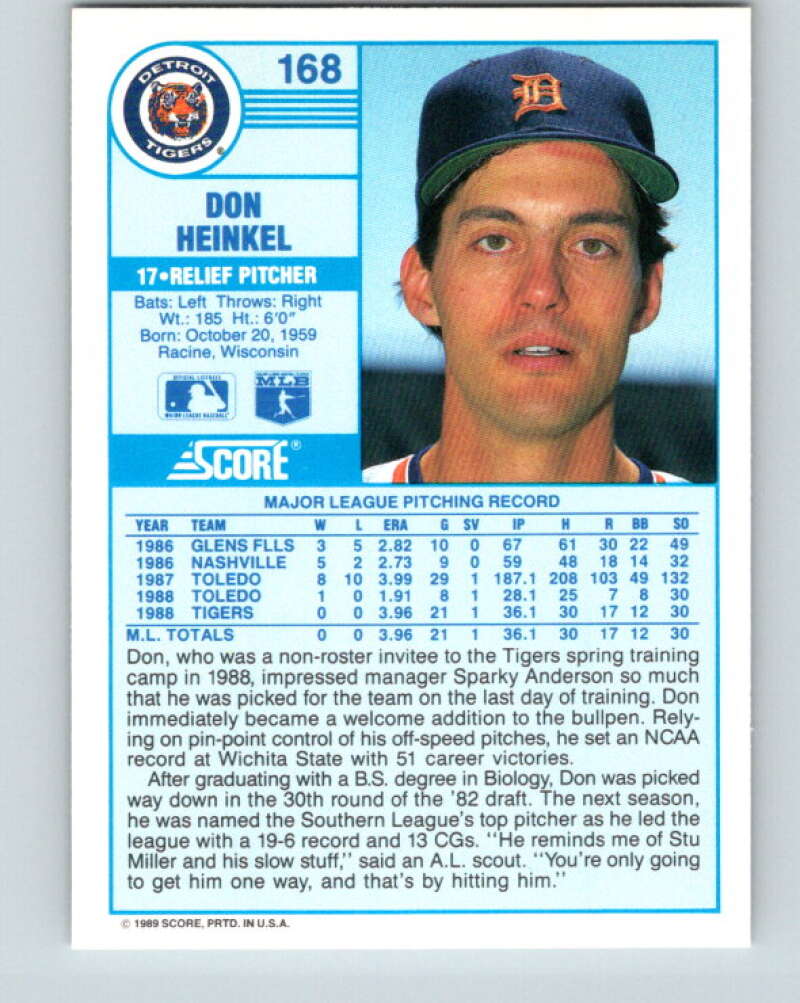 1989 Score #168 Don Heinkel Mint Detroit Tigers