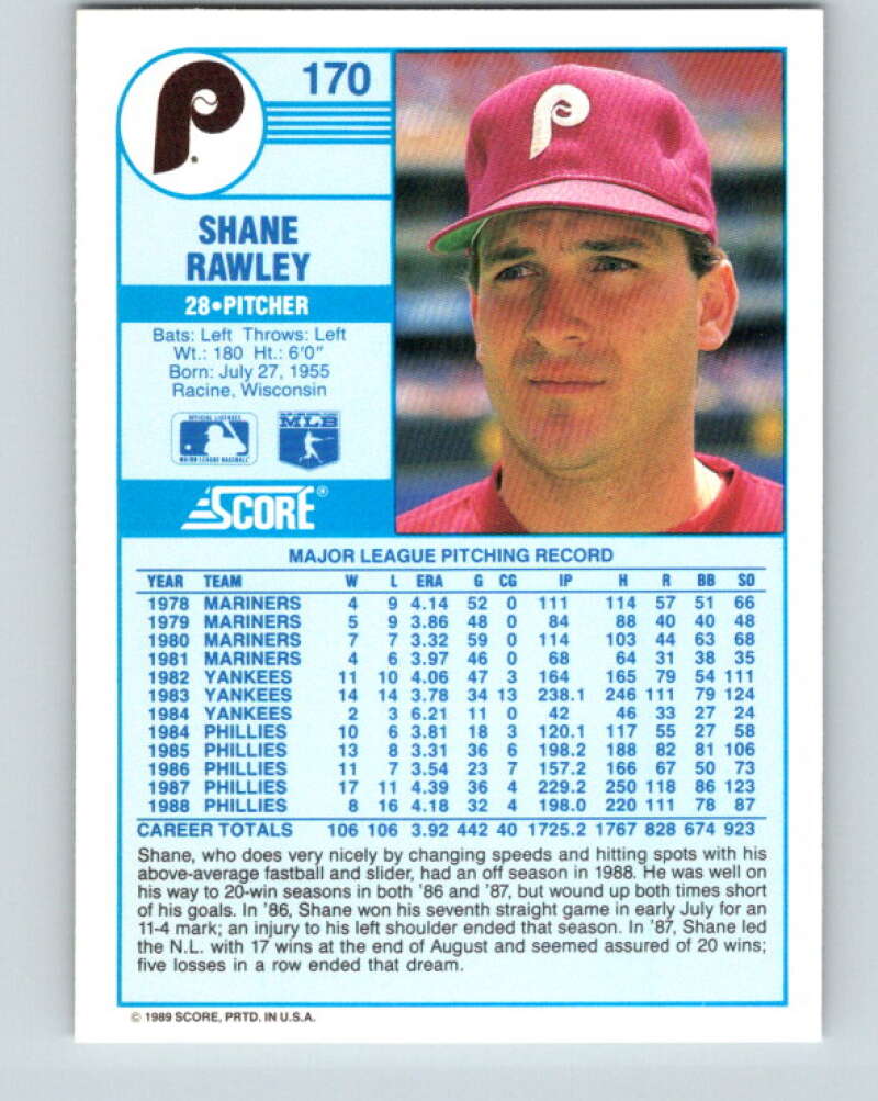 1989 Score #170 Shane Rawley Mint Philadelphia Phillies