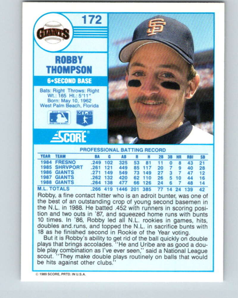 1989 Score #172 Robby Thompson Mint San Francisco Giants