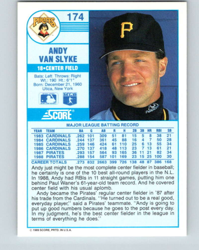 1989 Score #174 Andy Van Slyke Mint Pittsburgh Pirates