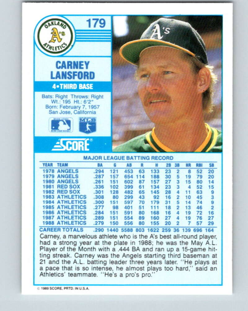 1989 Score #179 Carney Lansford Mint Oakland Athletics