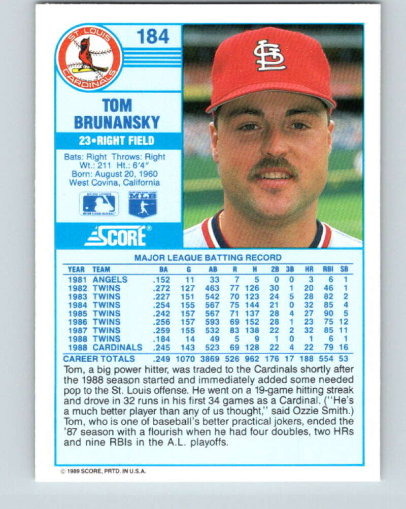 1989 Score #184 Tom Brunansky Mint St. Louis Cardinals