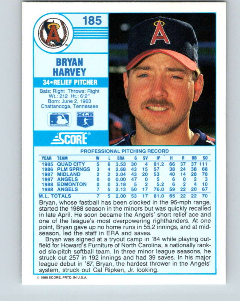 1989 Score #185 Bryan Harvey Mint RC Rookie California Angels