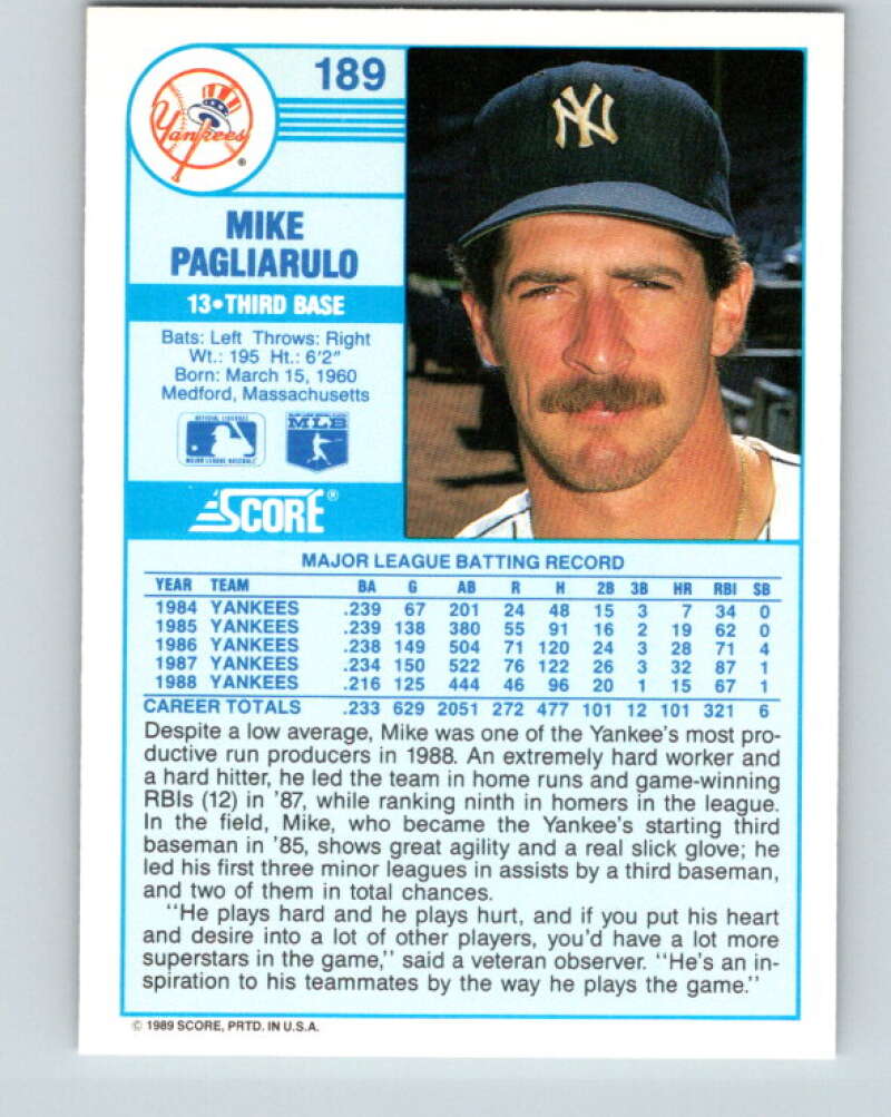 1989 Score #189 Mike Pagliarulo Mint New York Yankees