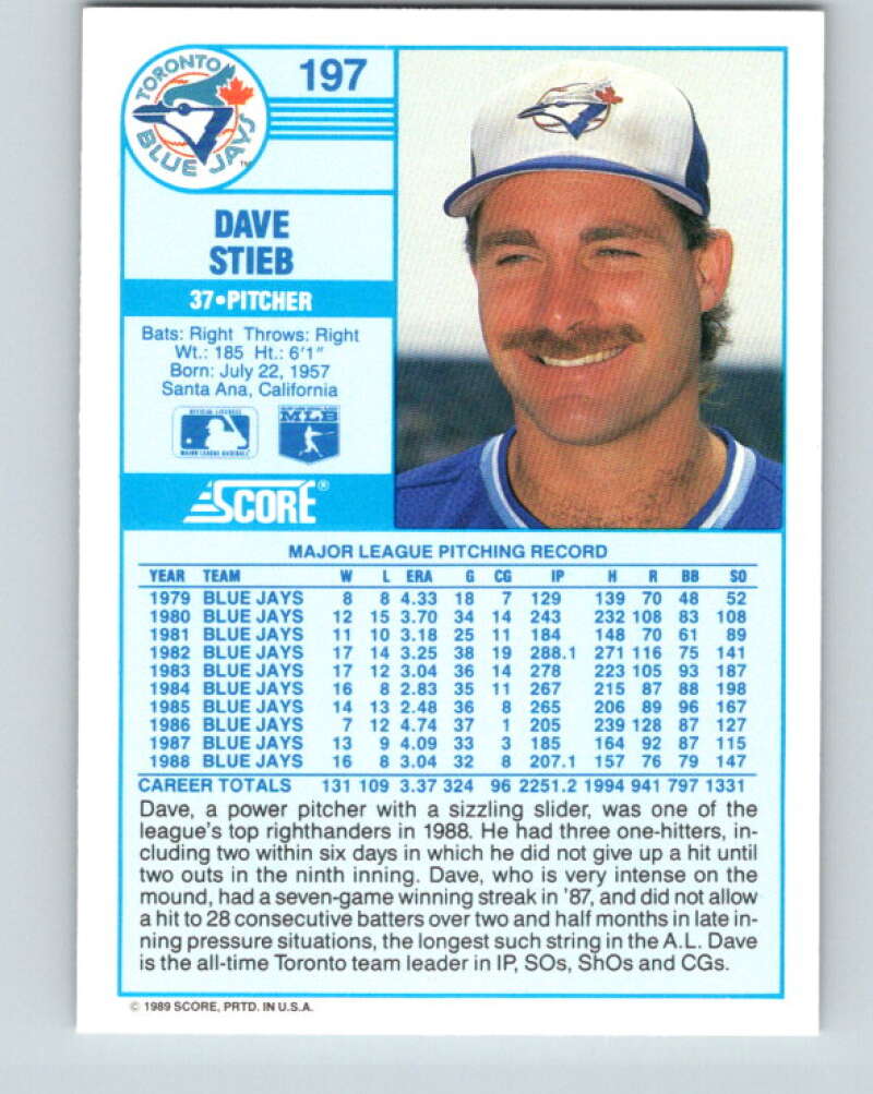 1989 Score #197 Dave Stieb Mint Toronto Blue Jays