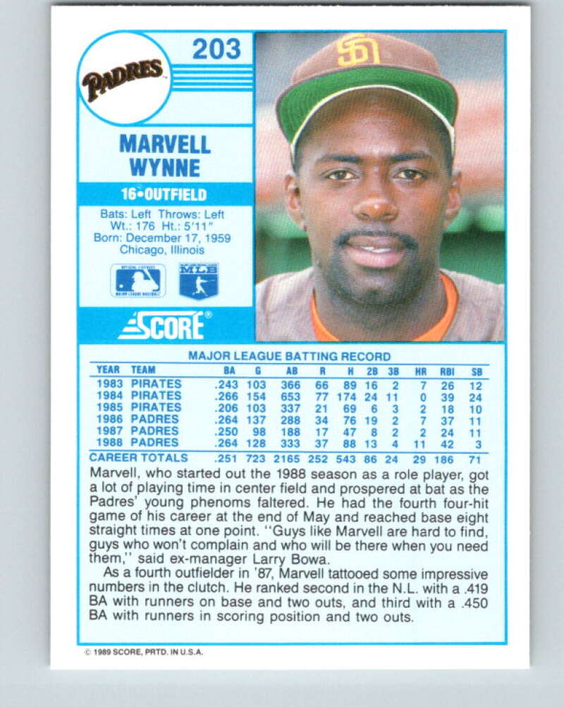 1989 Score #203 Marvell Wynne Mint San Diego Padres