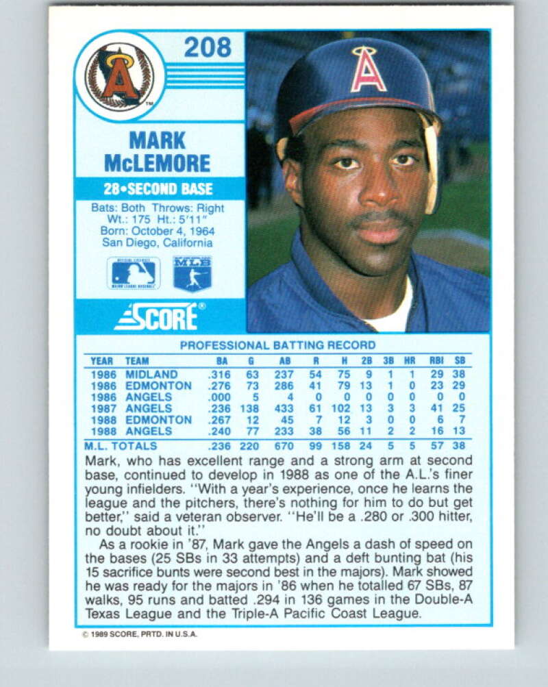 1989 Score #208 Mark McLemore Mint California Angels