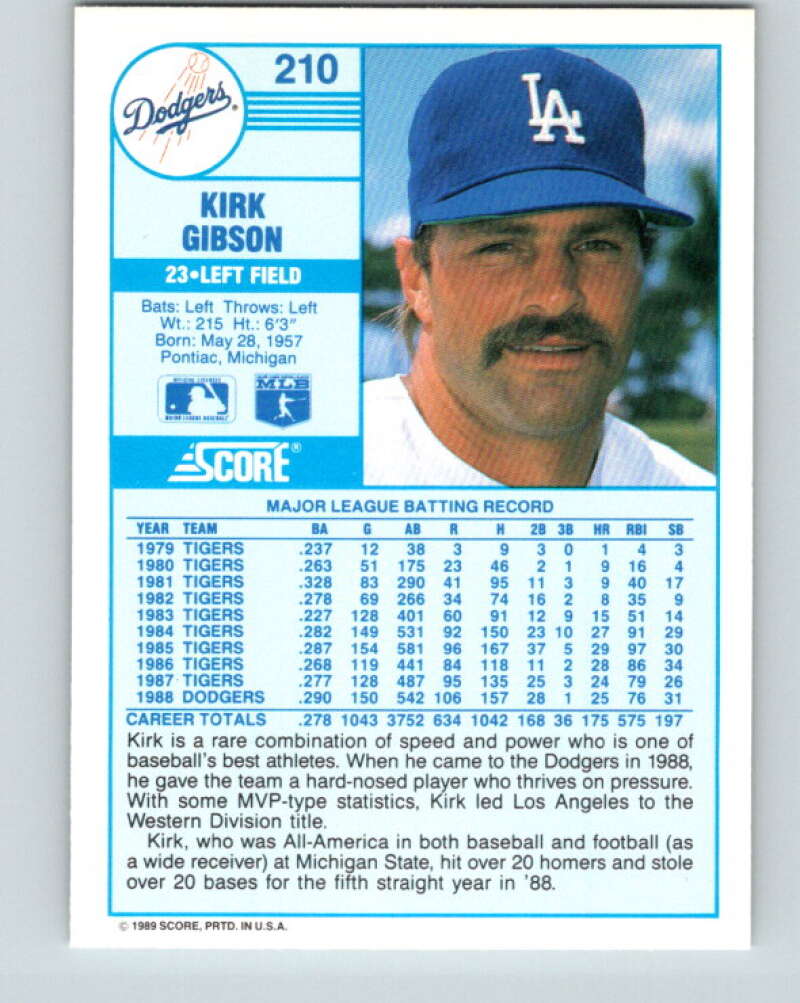 1989 Score #210 Kirk Gibson Mint Los Angeles Dodgers