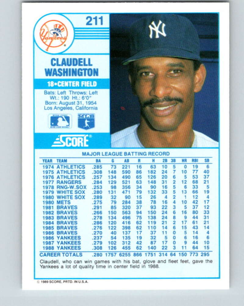 1989 Score #211 Claudell Washington Mint New York Yankees