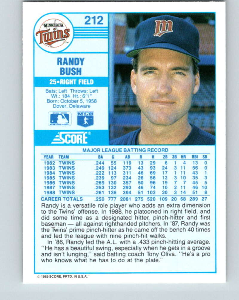 1989 Score #212 Randy Bush Mint Minnesota Twins