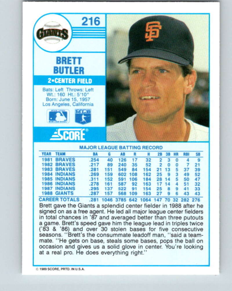 1989 Score #216 Brett Butler Mint San Francisco Giants