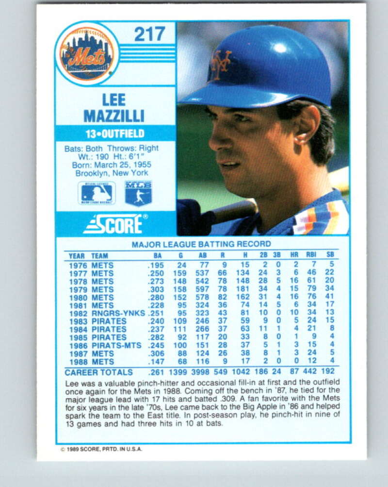 1989 Score #217 Lee Mazzilli Mint New York Mets