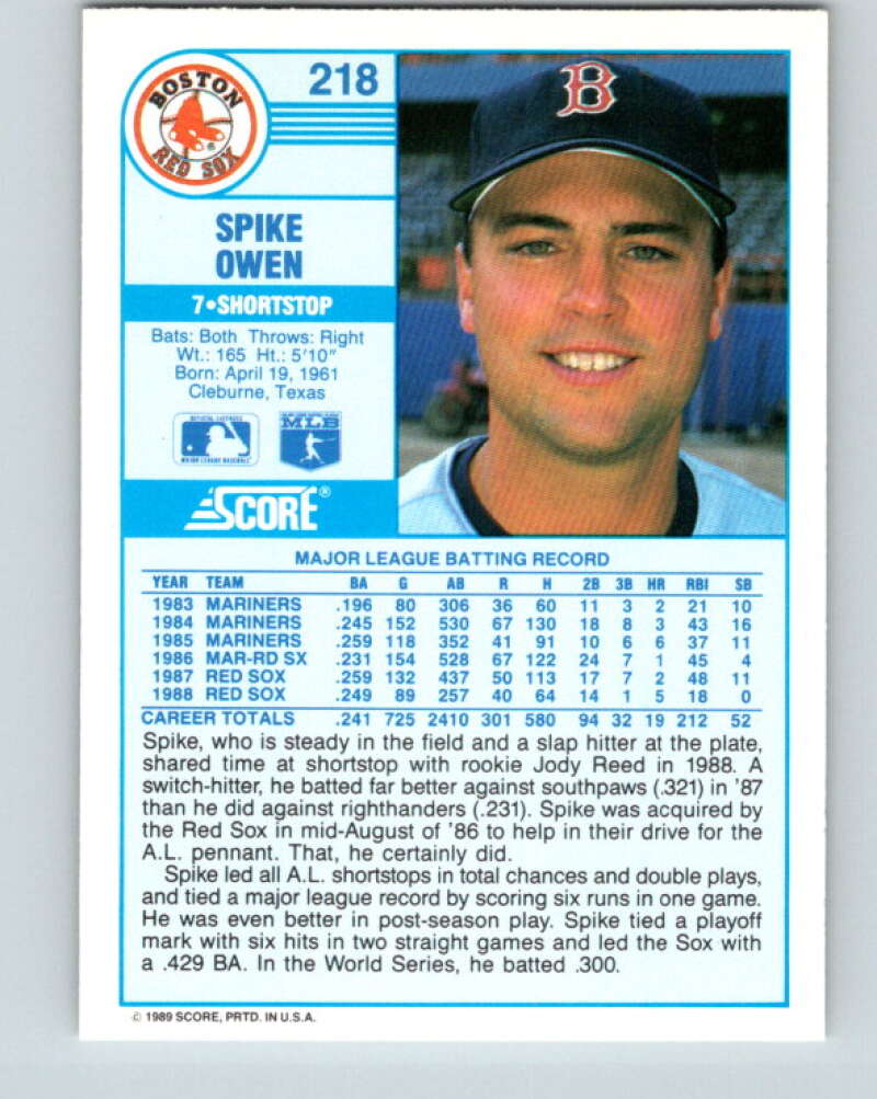 1989 Score #218 Spike Owen Mint Boston Red Sox