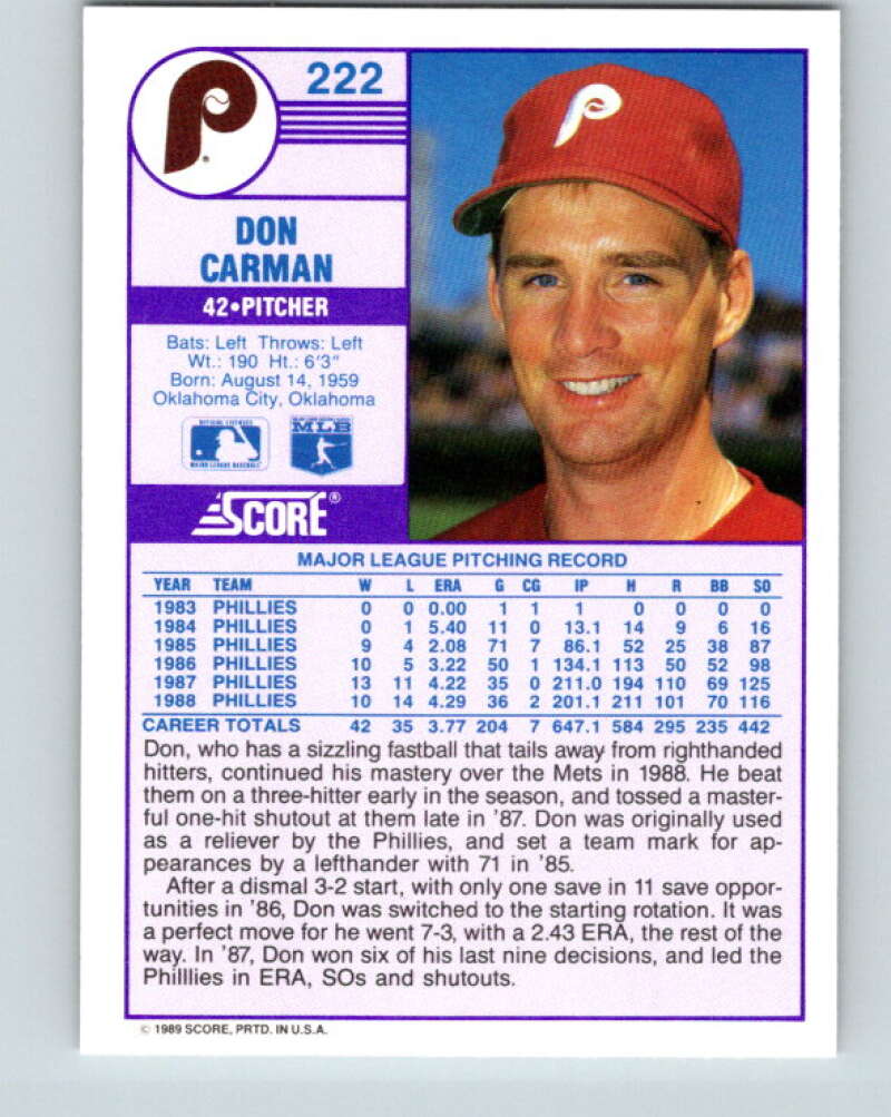 1989 Score #222 Don Carman Mint Philadelphia Phillies