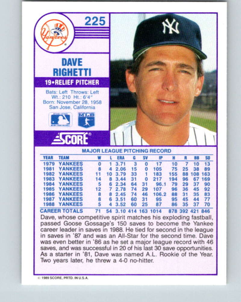 1989 Score #225 Dave Righetti Mint New York Yankees