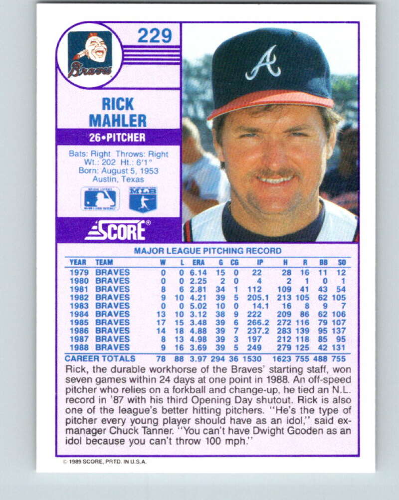 1989 Score #229 Rick Mahler Mint Atlanta Braves