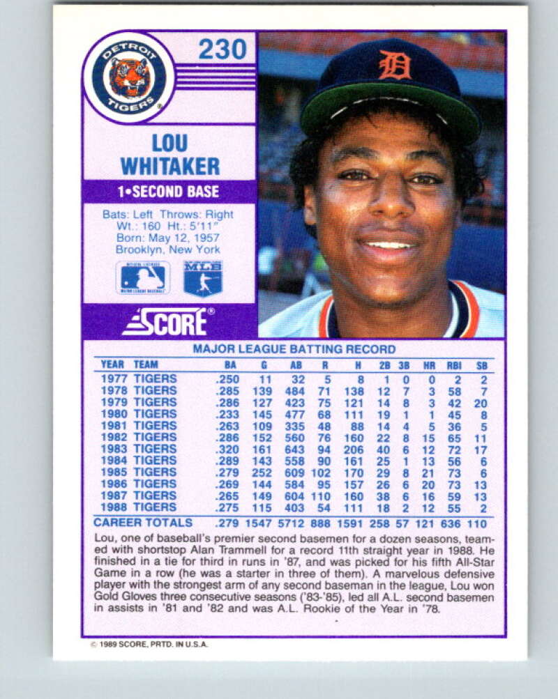 1989 Score #230 Lou Whitaker Mint Detroit Tigers