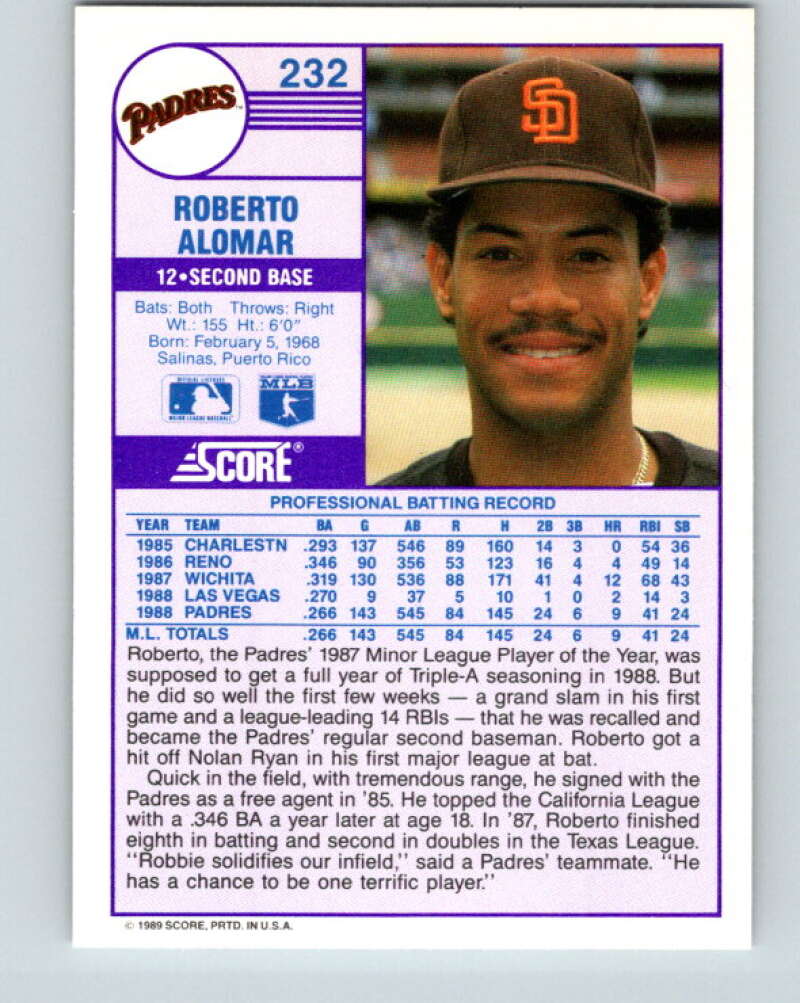 1989 Score #232 Roberto Alomar Mint San Diego Padres