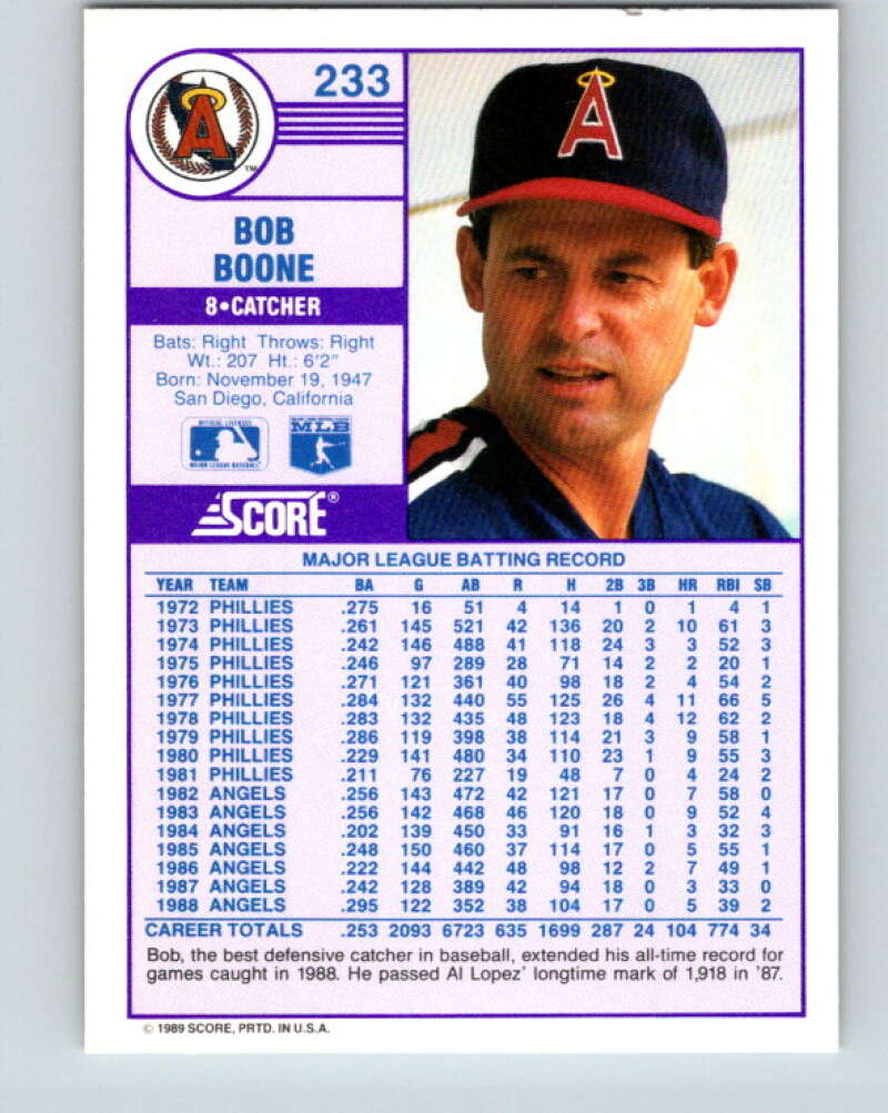 1989 Score #233 Bob Boone Mint California Angels