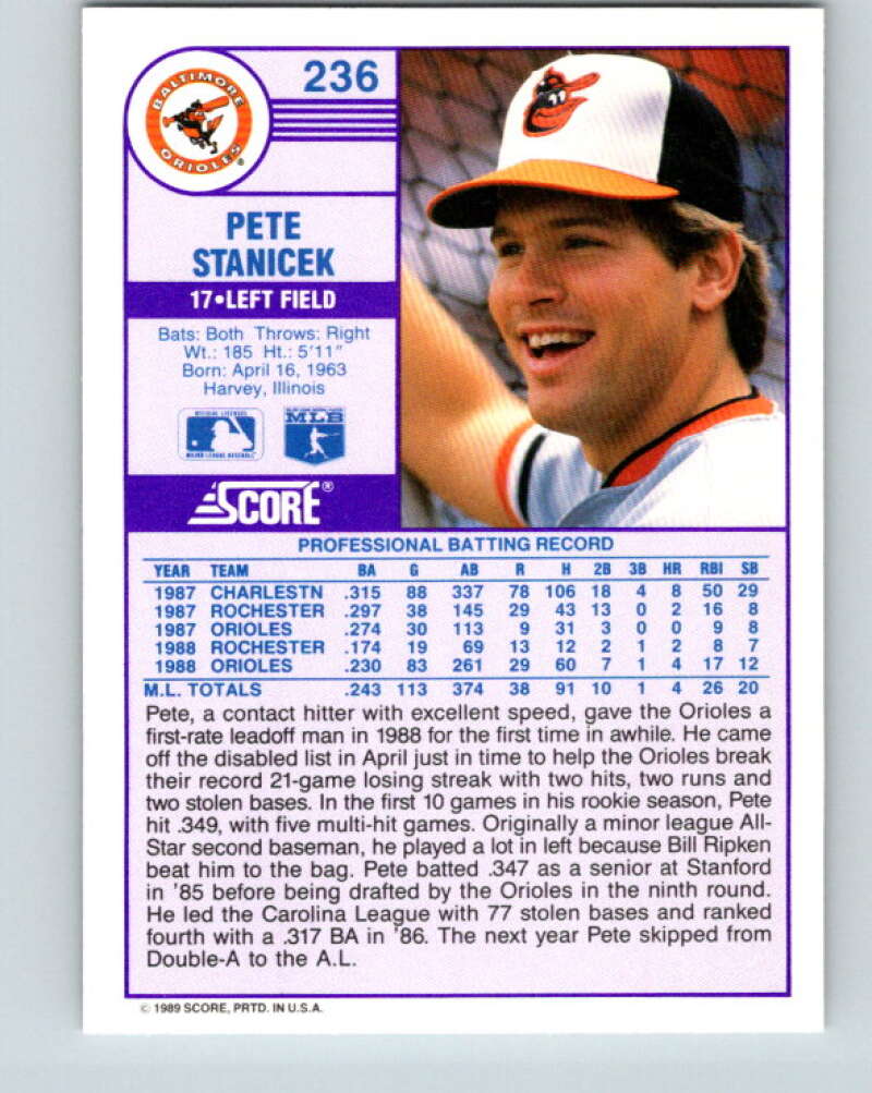 1989 Score #236 Pete Stanicek Mint Baltimore Orioles