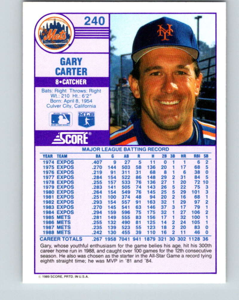 1989 Score #240 Gary Carter Mint New York Mets