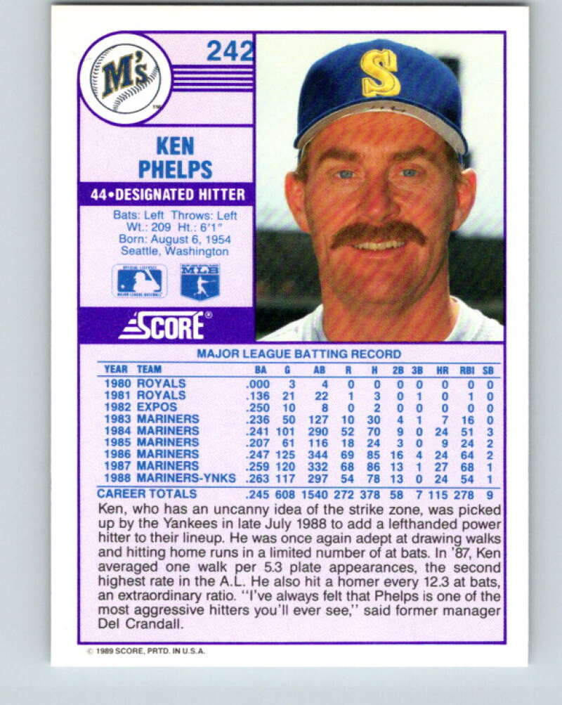 1989 Score #242 Ken Phelps Mint Seattle Mariners