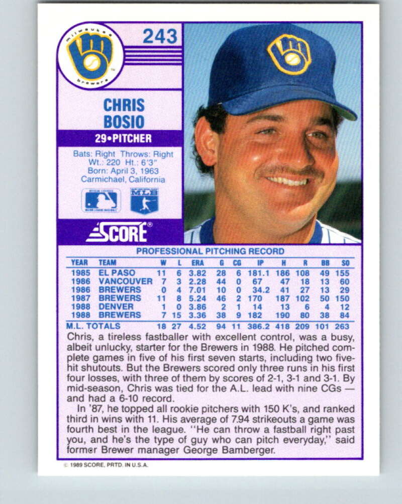 1989 Score #243 Chris Bosio Mint Milwaukee Brewers