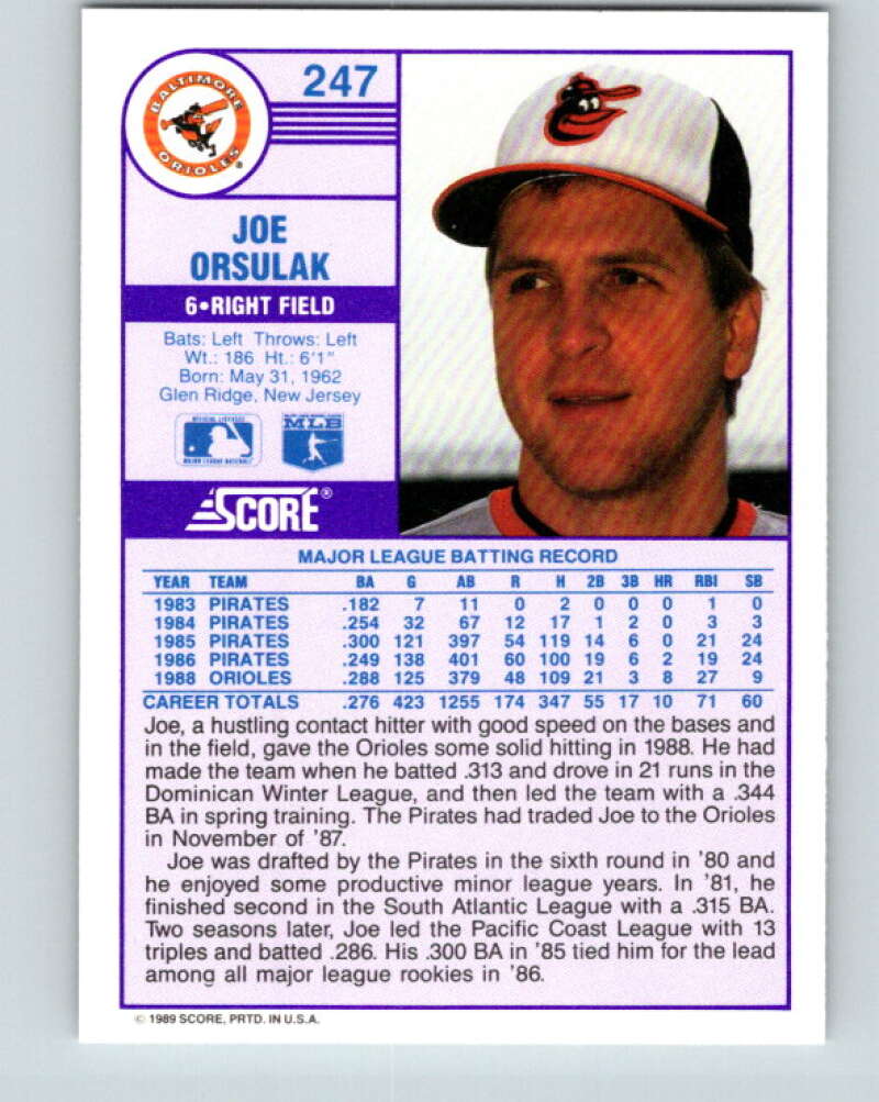 1989 Score #247 Joe Orsulak Mint Baltimore Orioles