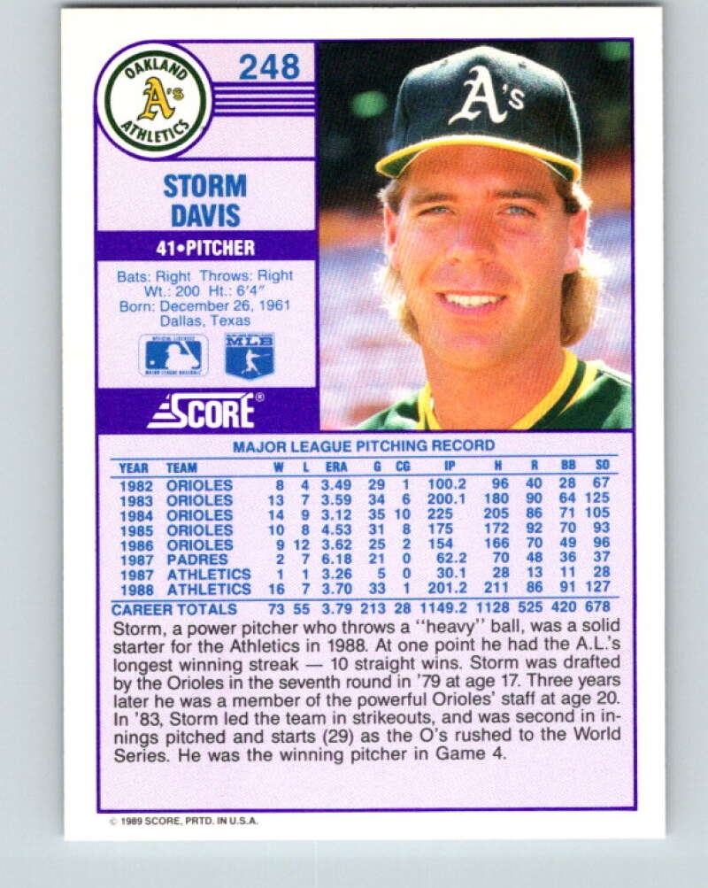 1989 Score #248 Storm Davis Mint Oakland Athletics