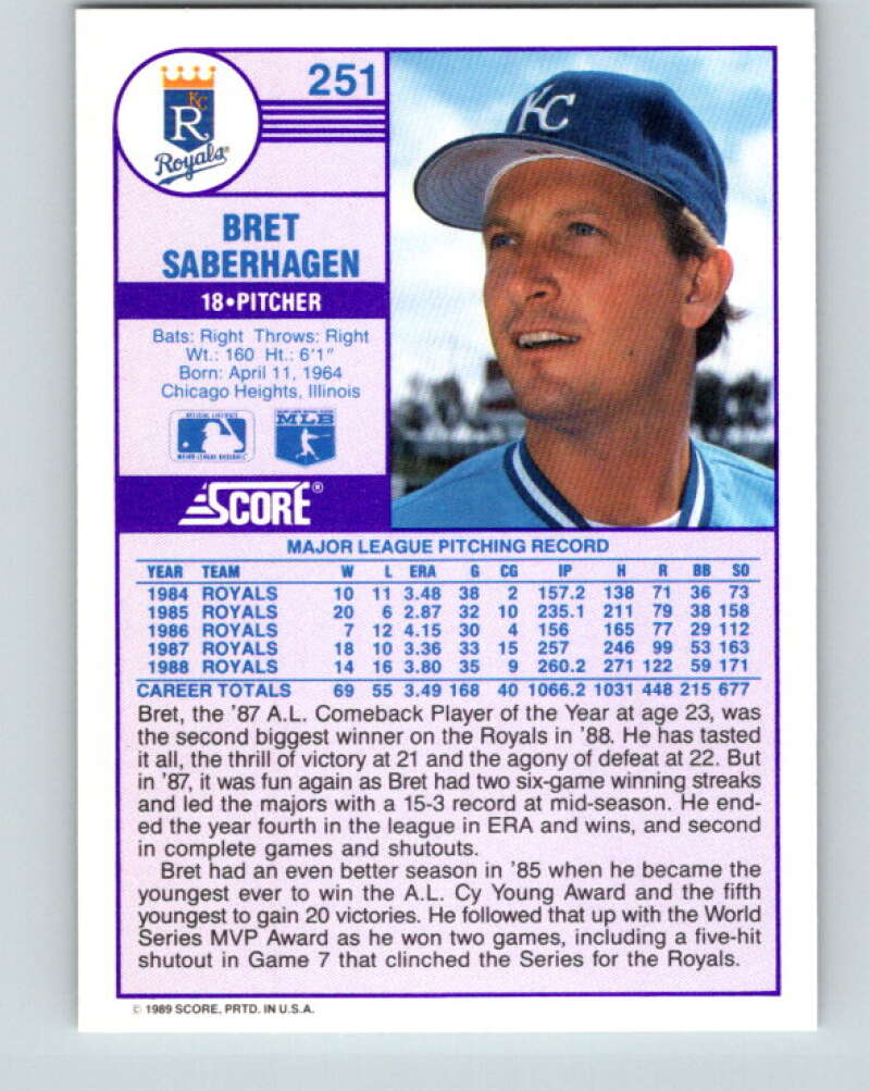 1989 Score #251 Bret Saberhagen Mint Kansas City Royals