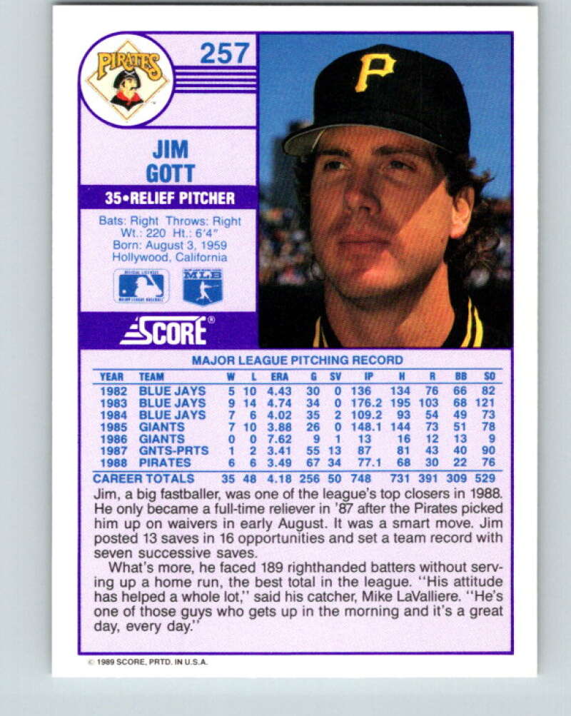 1989 Score #257 Jim Gott Mint Pittsburgh Pirates