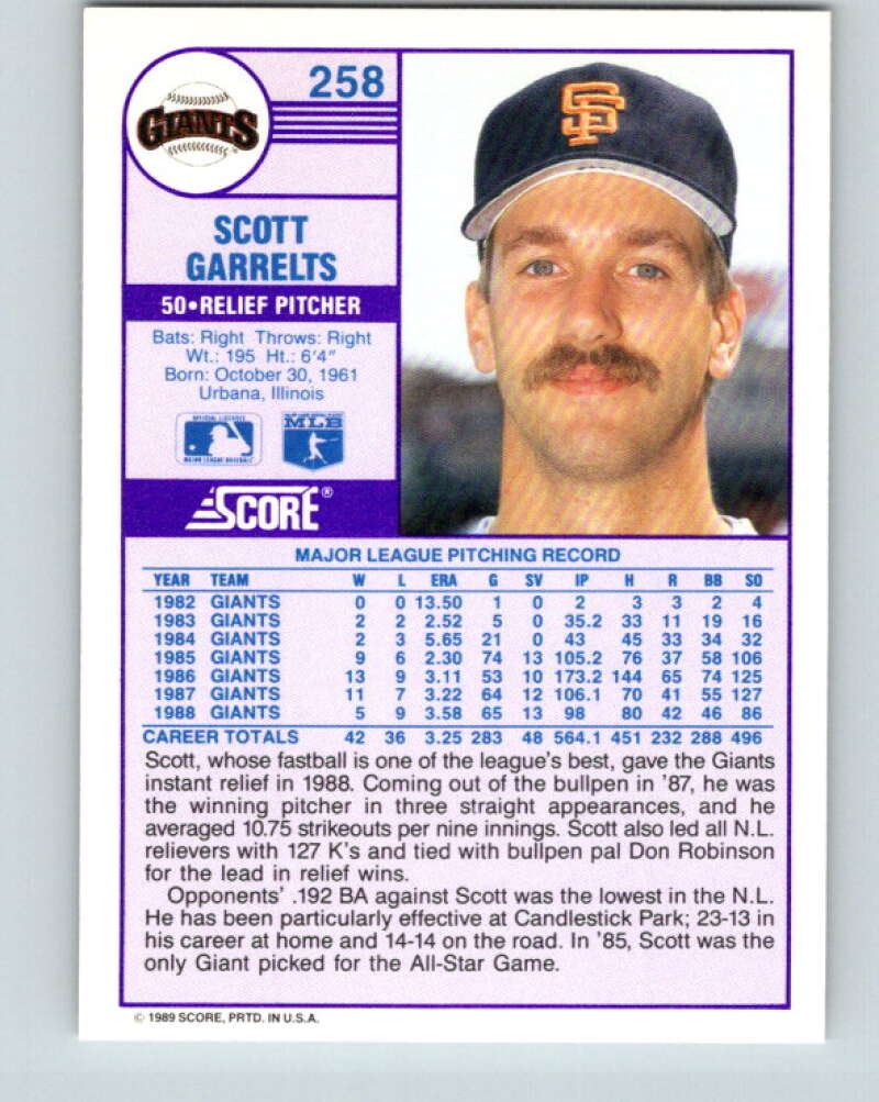 1989 Score #258 Scott Garrelts Mint San Francisco Giants