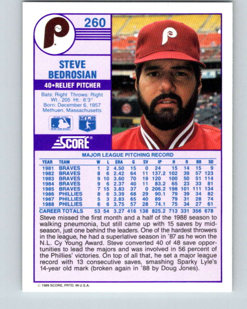 1989 Score #260 Steve Bedrosian Mint Philadelphia Phillies