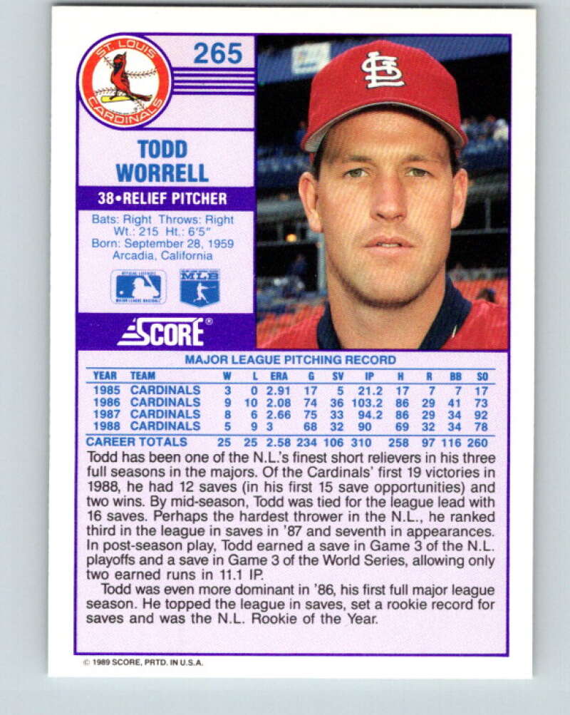 1989 Score #265 Todd Worrell Mint St. Louis Cardinals