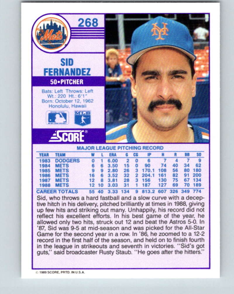 1989 Score #268 Sid Fernandez Mint New York Mets