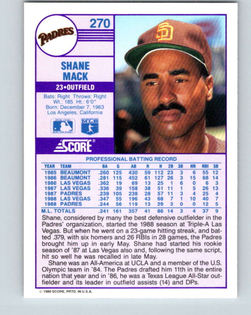 1989 Score #270 Shane Mack Mint San Diego Padres